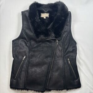 Banana Republic Black Faux Leather Moto Vest Faux Fur Trim Size M‎